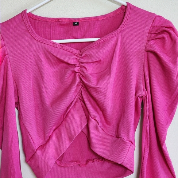 NWOT Long Sleeve Barbie Pink Crop Top Blouse - Picture 3 of 4